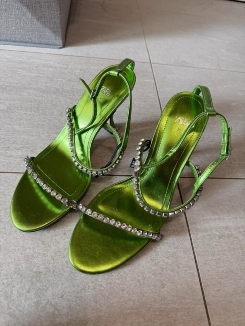 Zara Metallic Green Rhinestone Sandals - Size 38 - New